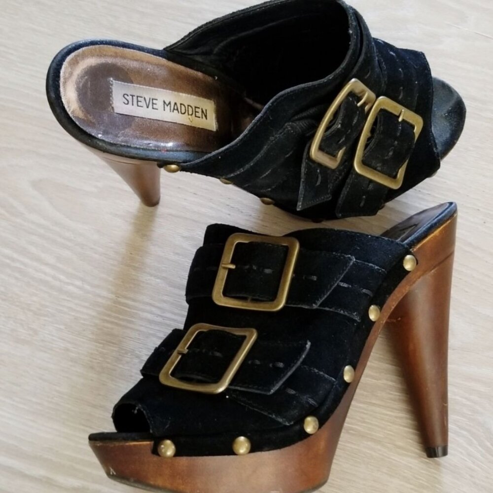 Steve Madden ✦ Black Suede Platform Heels ✦ Gold Buckles Wood Look Size 9.5 EUC